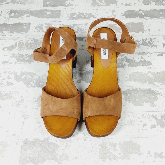 New Steve Madden Alabama Platform Suede Brown Strap Wooden Studded Sandals F527 - Picture 8 of 12